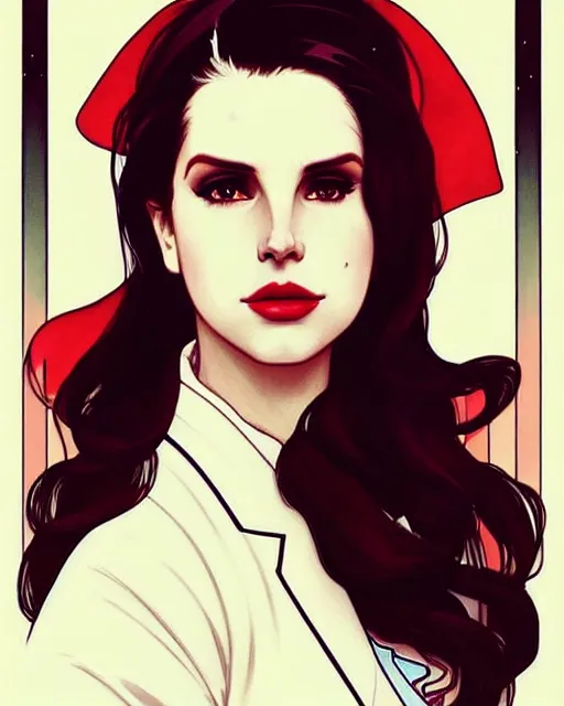 Prompt: lana del rey as a confident scientist, wearing a labcoat, intricate, red white and black color scheme, illustration by krenz cushart, alphonse mucha, artgerm, trending on artstation