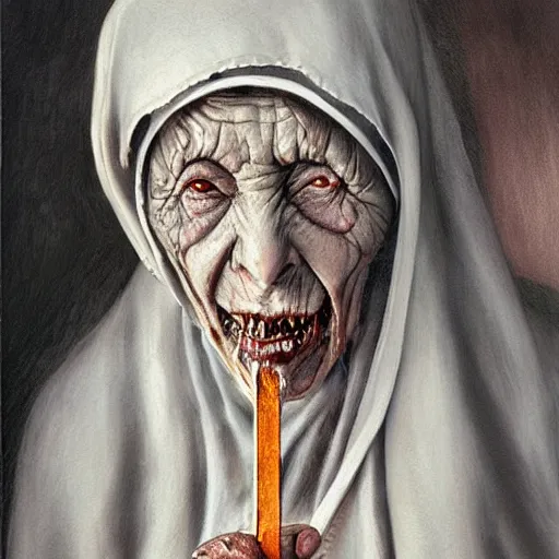 Image similar to a hyperrealistic painting of mother theresa as a zombie, holding a crucifix, by santiago caruso, highly detailed, sharp focus,