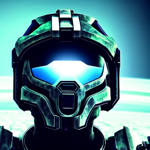 Prompt: cyberpunk halo helmet on space, close shot, reflection, epic, dramatic, cinematic, award winning, ultra detailed, realistic, 8k,