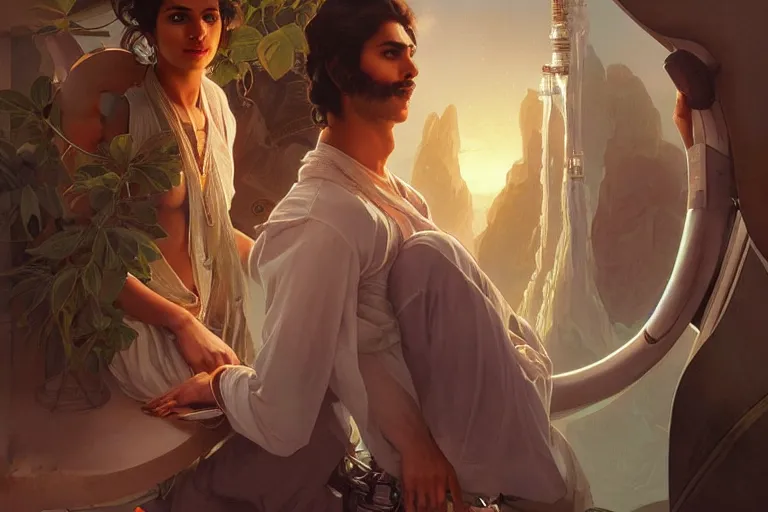 Image similar to Sensual good looking pale young Indian doctors wearing jeans in a space elevator above Earth, portrait, elegant, intricate, digital painting, artstation, concept art, smooth, sharp focus, illustration, art by artgerm and greg rutkowski and alphonse mucha