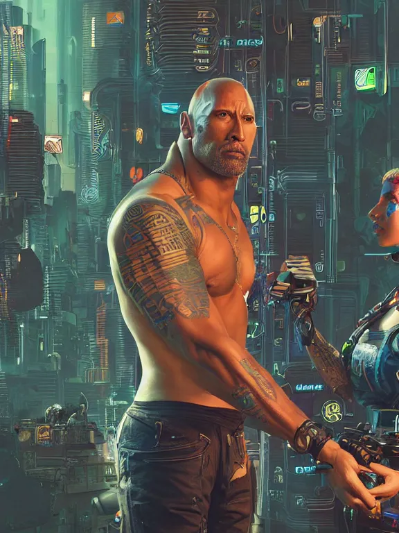 Image similar to a cyberpunk 2077 illustration half body portrait of Dwayne Johnson and a female android with complex mess of cables and wires behind them connected to giant computer, love,film lighting, by laurie greasley,Lawrence Alma-Tadema,William Morris,Dan Mumford, trending on atrstation, full of color, mythological, high detailed,golden ratio,cinematic lighting