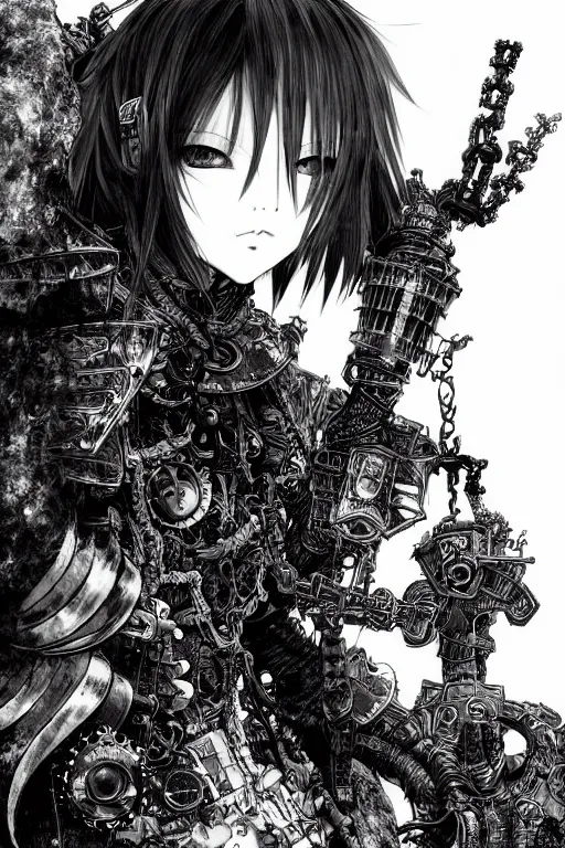 Image similar to a vertical portrait of a character in a scenic environment by Yoshitaka Amano and Nihei Tsutomu, black and white, dreamy, steampunk armor, black hair, highly detailed