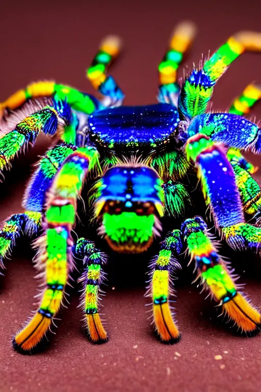 Image similar to high quality macro photo iridescent tarantula! jewelled supercute! highly detailed david ligare elson peter cinematic blue neon lighting high quality low angle hd 8k sharp shallow depth of field