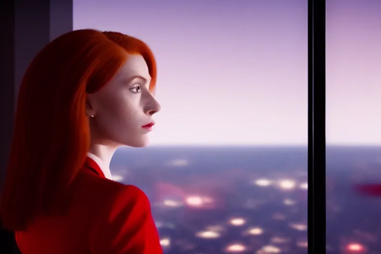 Prompt: a still from the move 2 0 4 9 depicting a beautiful young redheaded businesswoman in a tailored red suit staring out of a plate glass window. outside is the surface of the moon. sci fi, futuristic, cinematic, soft lighting