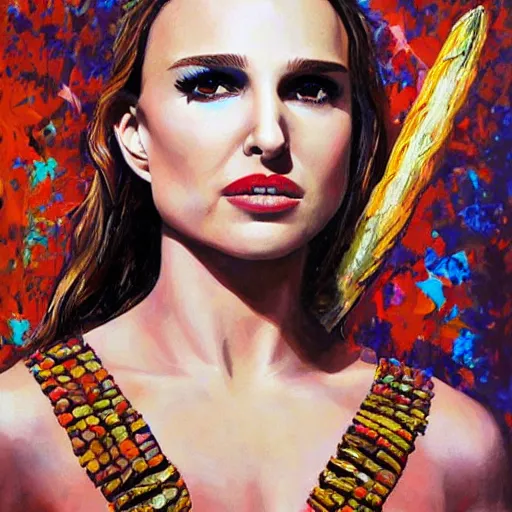 Prompt: natalie portman as a passionate exotic warrior, high detailed, award winning, acrylic painting