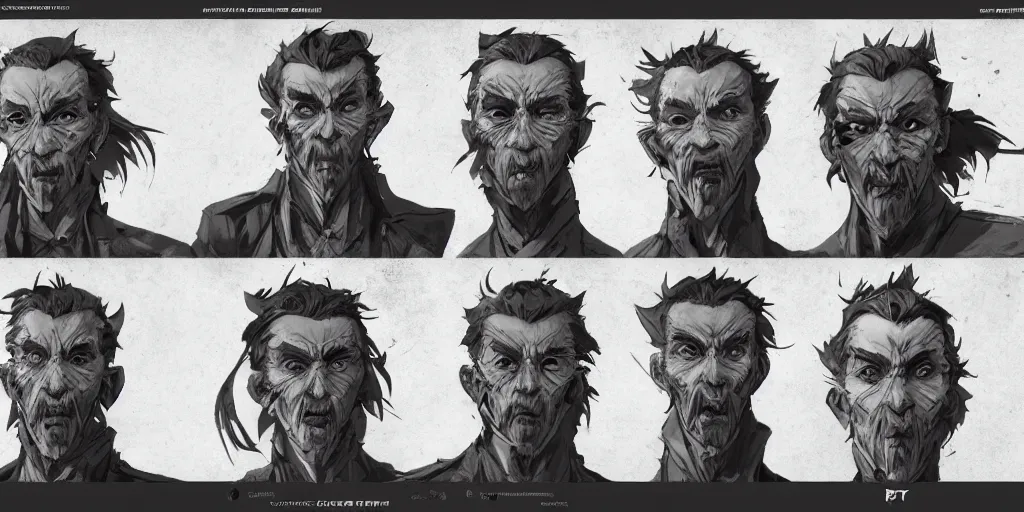 Image similar to arcane character face study, character sheet, concept design, contrast, kim jung gi, greg rutkowski, zabrocki, karlkka, jayison devadas, trending on artstation, 8 k, ultra wide angle, pincushion lens effect