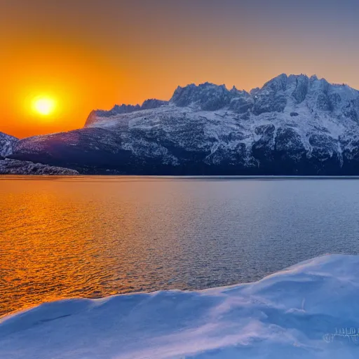 Image similar to sun setting over Italian Lake, snowy mountains in the background,