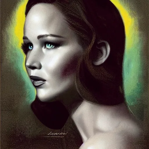 Image similar to “jennifer Lawrence portrait, color vintage magazine illustration 1950”