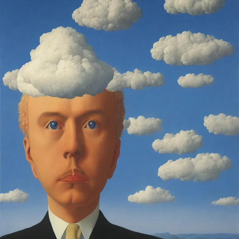 Prompt: portrait of a cloud head man by rene magritte, detailed painting, hd, hq, high resolution, high detail, 4 k, 8 k