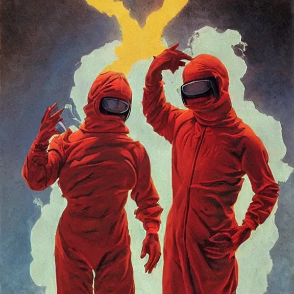 Prompt: two scientists wearing red rick owens hazmat suits escaping the tear in the cosmic continuum by frank frazetta