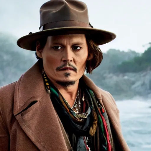 Image similar to jonny depp doing jonny depp things, cinematic still, movie still, hyper detailed, 8 k, 9 0 0 0 k, bokeh