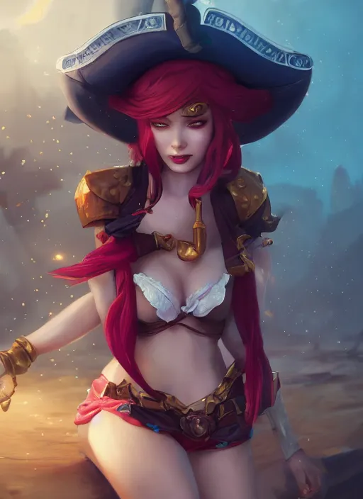 Image similar to joyfull miss fortune a pirate girl, from league of legends, au naturel, hyper detailed, digital art, trending in artstation, cinematic lighting, studio quality, smooth render, unreal engine 5 rendered, octane rendered, art style by klimt and nixeu and ian sprigger and wlop and krenz cushart