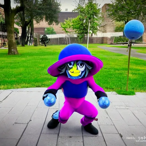 Prompt: spamton deltarune playing with a blue ball