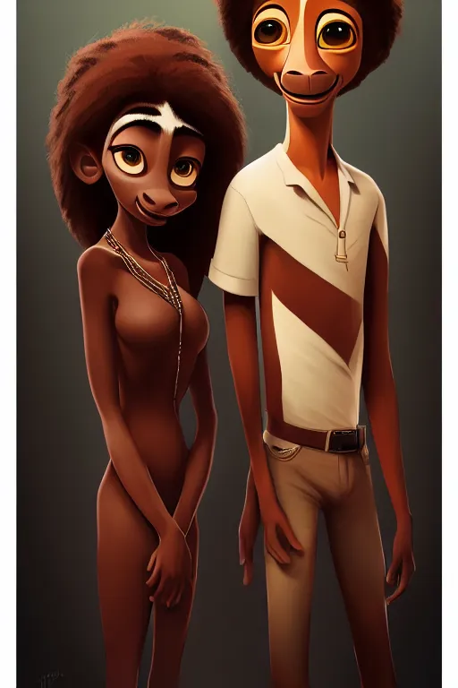 Image similar to a portrait of humanization of gloria and melman from madagascar, grim - lighting, high - contrast, intricate, elegant, highly detailed, digital painting, artstation, concept art, smooth, sharp focus, illustration