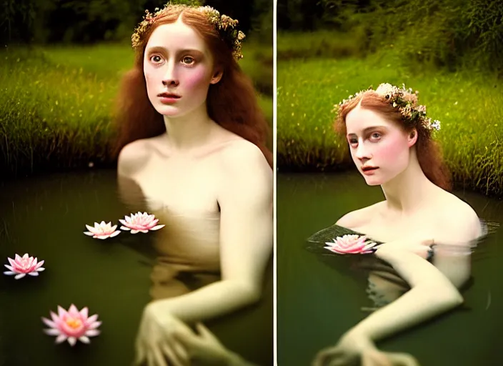 Prompt: Kodak Portra 400, 8K, soft light, volumetric lighting, highly detailed, britt marling style 3/4 ,portrait photo of a beautiful woman how pre-Raphaelites painter, the face emerges from the water of a pond with water lilies, in the pose of Ophelia Millais, a beautiful lace dress and hair are intricate with highly detailed realistic beautiful flowers , Realistic, Refined, Highly Detailed, natural outdoor soft pastel lighting colors scheme, outdoor fine art photography, Hyper realistic, photo realistic