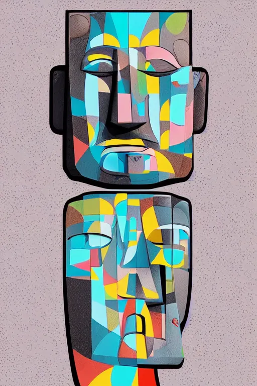 Image similar to cubist moai statue cutout digital illustration cartoon colorful beeple