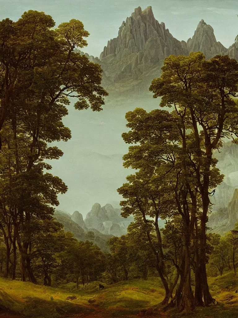 Prompt: A painting of a catherdral in nature, trees, mountains in the distance, by Caspar David Friedrich