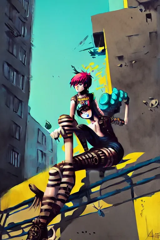 Image similar to punk girl sitting on extreme 3 d graffiti tag mural maximalism by atey ghailan, by greg rutkowski, by greg tocchini, by james gilliard, by joe fenton, yellow, brown, black and cyan color scheme, octane render