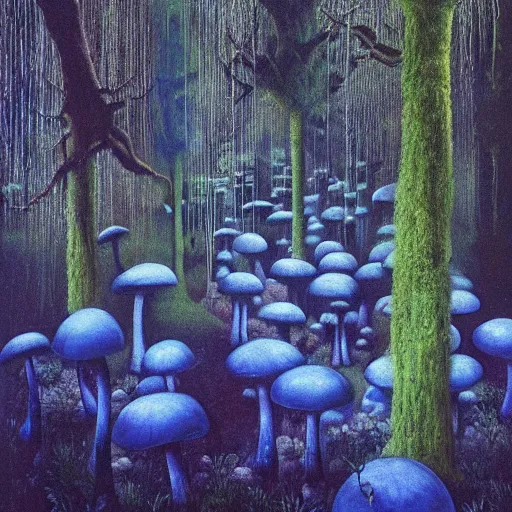 Prompt: Huge glowing blue mushrooms inside a rainforest, eerie, by Beksinski and Salvador Dali