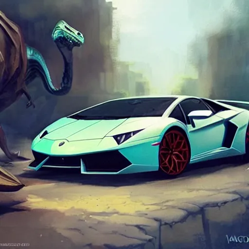 Prompt: lamborghini with dinosaur near a mc donald store, highly detailed, concept art, art by wlop and artgerm and greg rutkowski, masterpiece, trending on artstation, 8 k