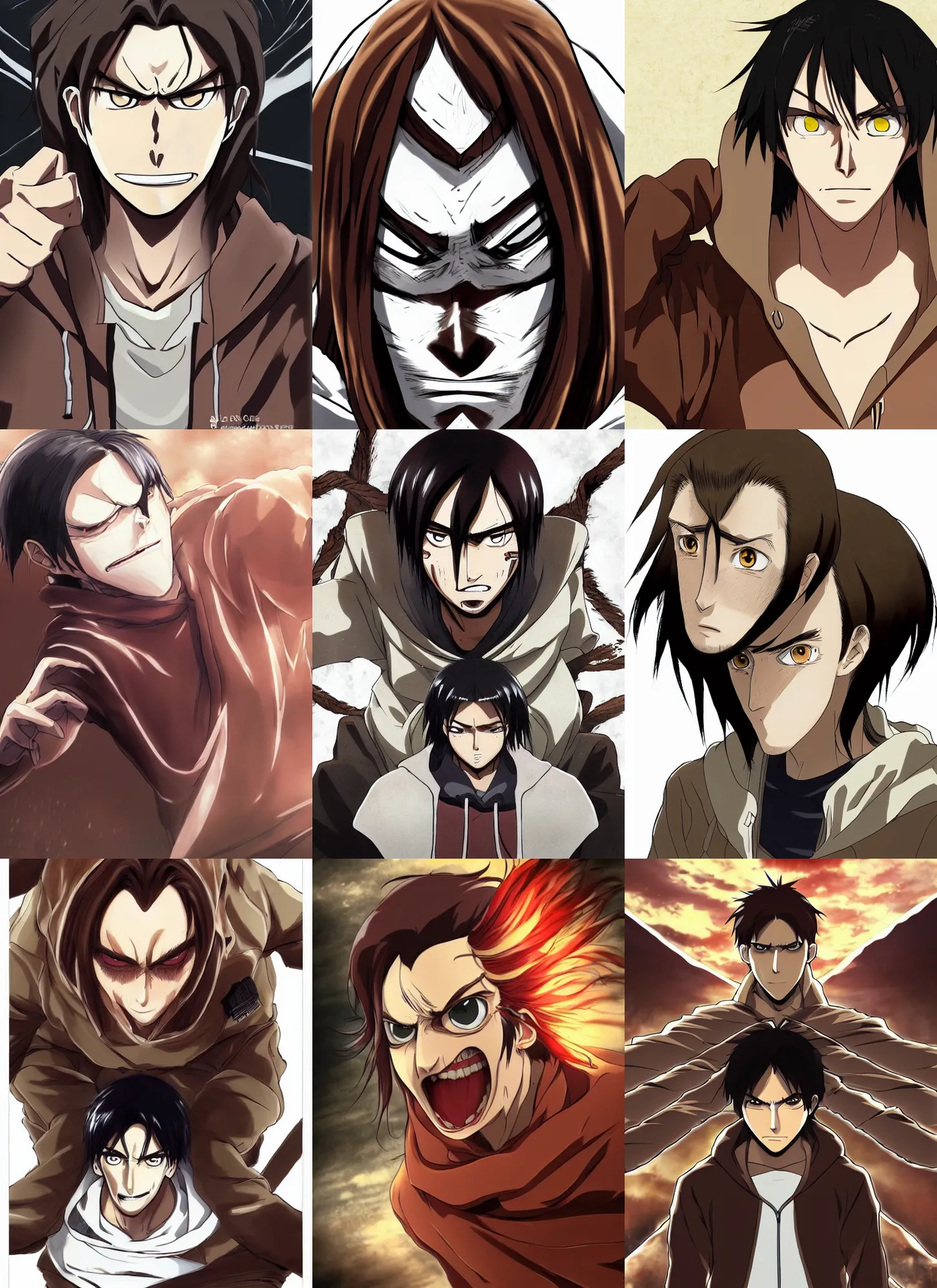 Prompt: a man in his late twenties with long light brown hair tied back, a widows peak and a round face with high cheekbones, wearing a hoody, attack on titan, anime art