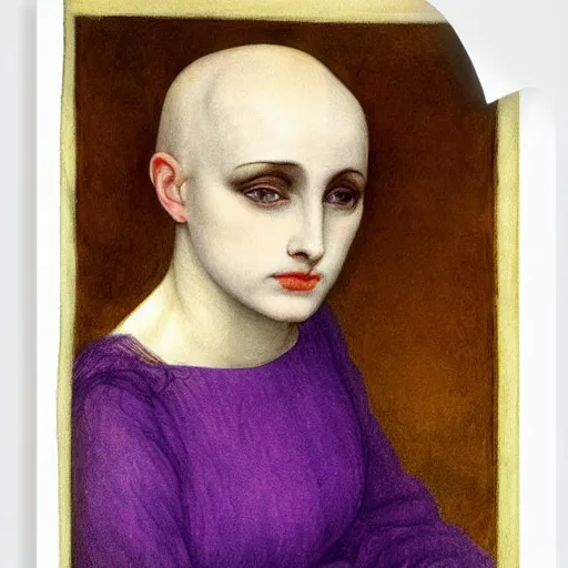 Prompt: bald young female with purple skin by Rossetti