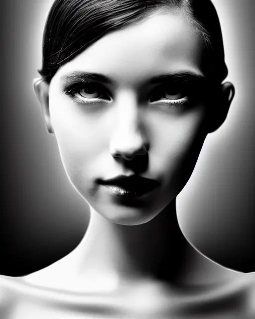 Image similar to black and white dreamy young beautiful female cyborg high quality portrait photo, microchip skin, artificial intelligence, cinematic, rim light, photo - realistic, elegant, high detail, 8 k, masterpiece, photo taken in 1 9 3 0