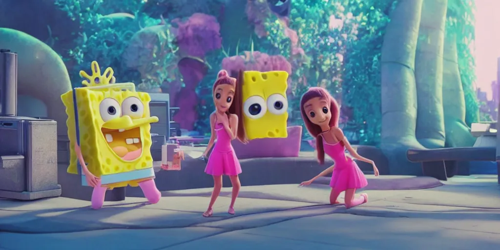 Image similar to “animated Ariana grande and SpongeBob hanging out. 4. Octane render, 4k, 8k, unreal 5, very detailed, hyper realism, trending on artstation.”