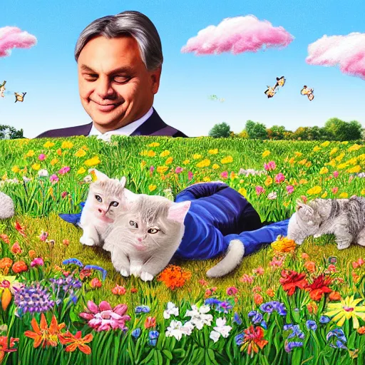 Prompt: hungarian prime minister orban viktor laying on a field of flowers, surrounded by cute kittens, highly detailed illustration, hyper realistic, 4 k
