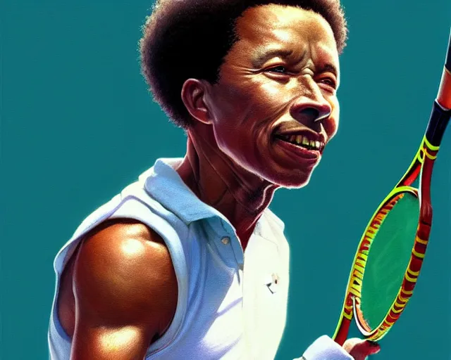 Image similar to mindblowing, arthur ashe playing tennis, deep focus, beautiful, highly detailed, digital painting, artstation, concept art, matte, sharp, illustration, hearthstone, art by artgerm and greg rutkowski and alphonse mucha