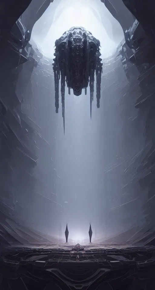 Image similar to professional concept art of a symmetrical! abstract fractal ominous floating robotic terrifying giant thing in a dark room by artgerm and greg rutkowski. an intricate, elegant, highly detailed digital painting, concept art, smooth, sharp centred focus, illustration, in the style of cam sykes, wayne barlowe, igor kieryluk.