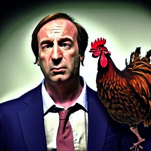 Image similar to saul goodman and a rooster in a medieval torture chamber, saw blades and knives in the background, horror movie, saul goodman, rooster!!!!!, real life photo, detailed face!