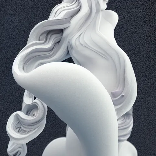 Image similar to 3 d fluid simulation render, octane render, xparticles, white colors, female bodies, white carved abstract sculpture, amethyst mineral quartz, swirly curls, abstract white fluid,