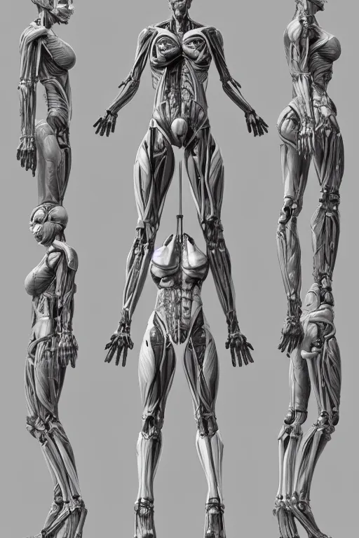 Image similar to symmetry!! full body female human anatomy concept, medical anatomy, cybernetic implants, gun metal grey, mecha limbs, muscular system reference, anatomical art, digital art, in the style of amanda lilleston, luka mivsek, bryan christie, ranjit ghosh, artstation, pinterest, deviantart, photoshop, octane render, unreal engine