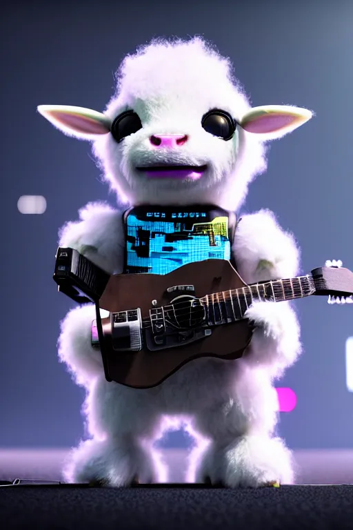 Image similar to high quality 3 d render very cute fluffy! cyborg cow! plays guitar, cyberpunk highly detailed, unreal engine cinematic smooth, in the style of blade runner & detective pikachu, hannah yata charlie immer, moody light, low angle, uhd 8 k, sharp focus