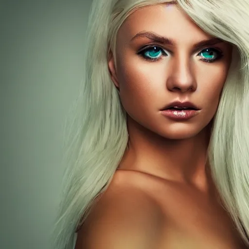 Prompt: A beautiful woman with platinum blonde hair and green eyes and average body, full body portrait, highly detailed, excellent composition, dramatic lighting, realistic 4k