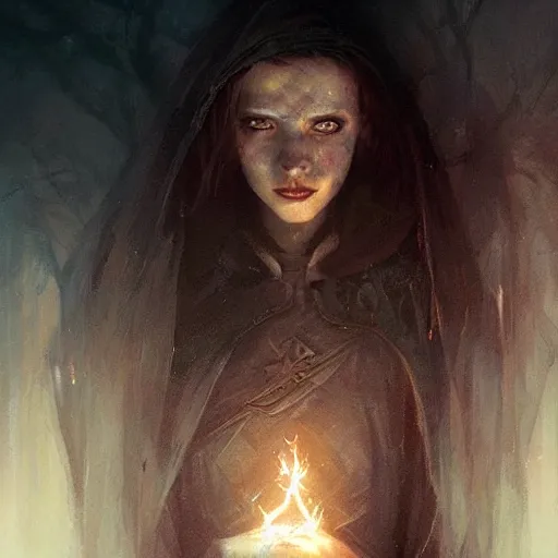 Image similar to beautiful young witch, glowing eyes, magic, high detail, dramatic light, digital art, dark, painted by seb mckinnon and greg rutkowski, trending on artstation