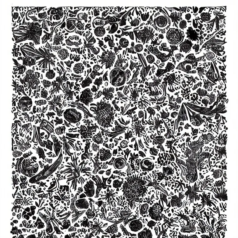 Image similar to space, black and white, botanical illustration, intricate, black ink on white paper, tiled pattern, white border