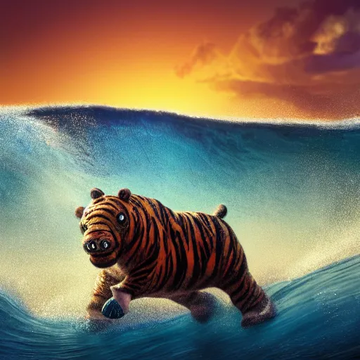 Image similar to a closeup photorealistic photograph of a cute smiling knitted tiger hippopotamus riding a large wave at sunset. surf in background. professional capture. brightly lit scene. this 4 k hd image is trending on artstation, featured on behance, well - rendered, extra crisp, features intricate detail, epic composition and the style of unreal engine.