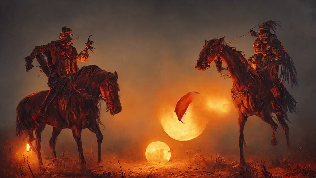 Image similar to a headless!!! colonial rider!!!! holding a ( jack - o - lantern ) on a rampant ( ( black horse ) ) with fiery eyes, background gnarled trees and large supermoon, in the styles of greg rutkowski, keith parkinson, and john quidor, intricate, detailed, volumetric lighting
