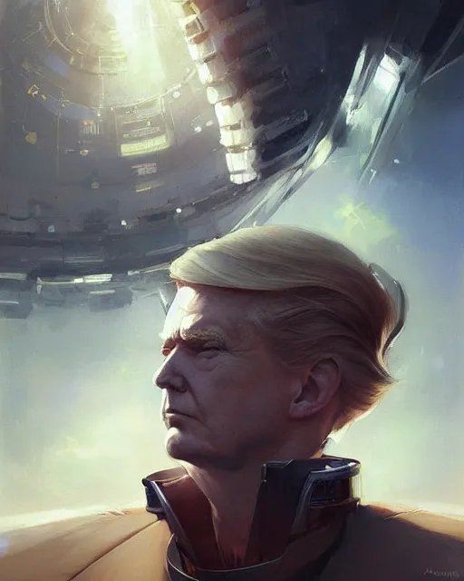 Image similar to donald trump in a futuristic spaceship pilot dress, year twenty one hundred, portrait, illustration, rim light, top light, perfectly shaded, spring time, slight overcast lighting, soft painting, art by krenz cushart and wenjun lin