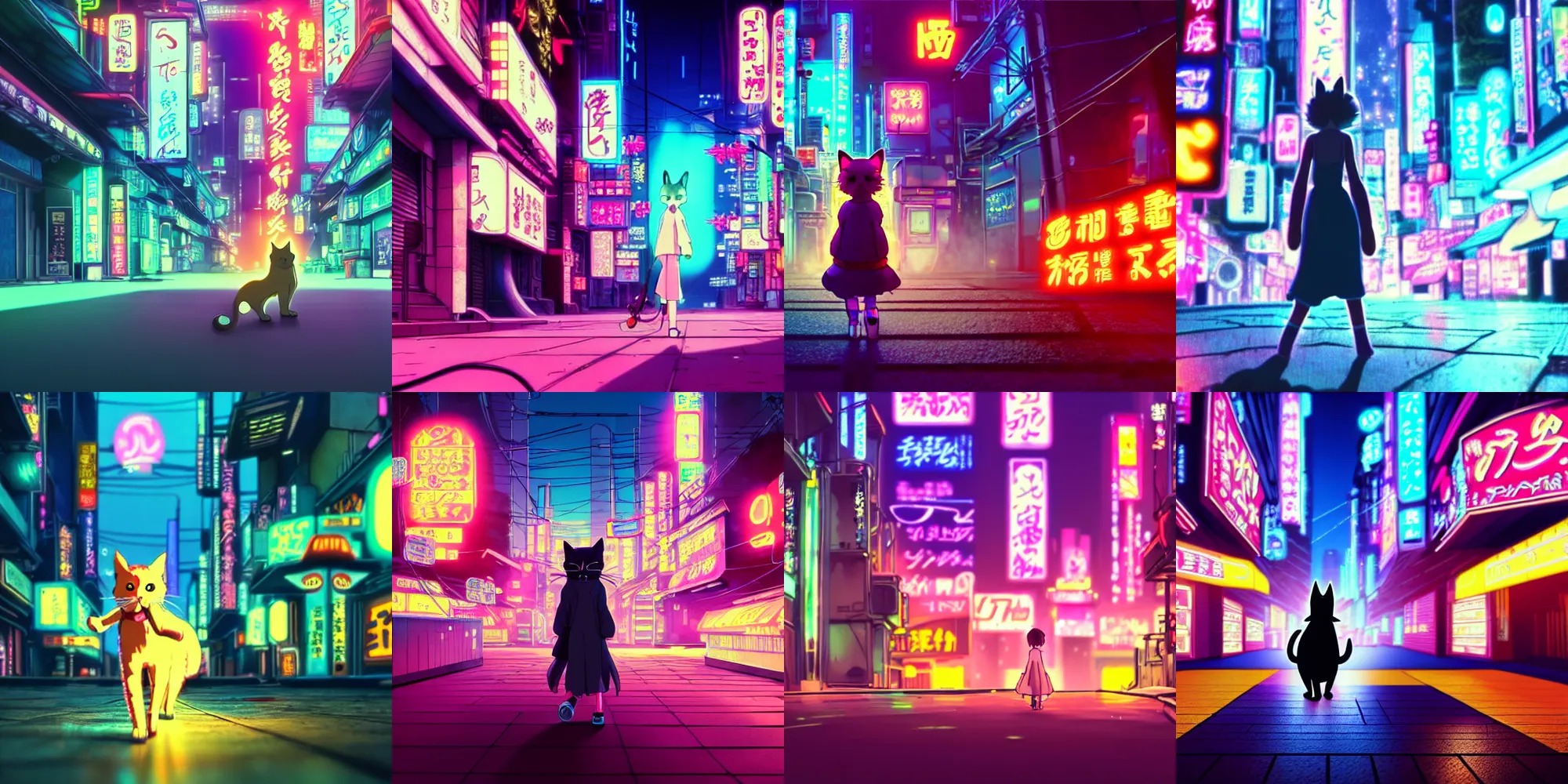 Prompt: cinematic shot of cute cat walking through neon cyberpunk neo - tokyo, studio ghibli, hayao miyazaki, anime, 4 k, high definition, detailed