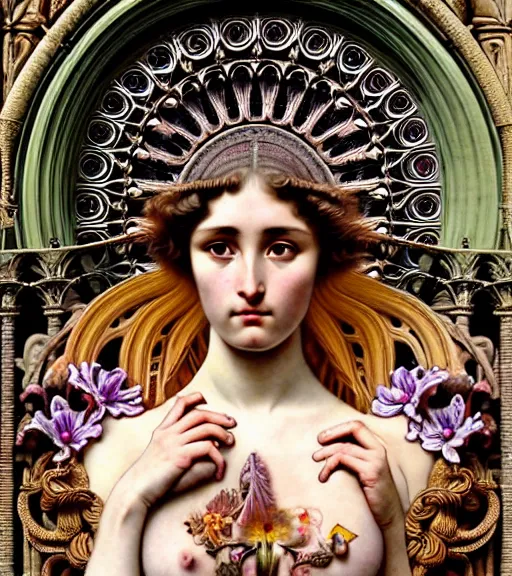 Prompt: hyperrealistic detailed portrait of a beautiful young goddess morphing into a gothic cathedral, authentic ornamental architecture, intricate and highly detailed, awe inspiring art by ernst haeckel, john william godward, h. r. giger, alphonso mucha, android jones, james jean, gothic, neo - gothic, heavily ornamental, deep colours,