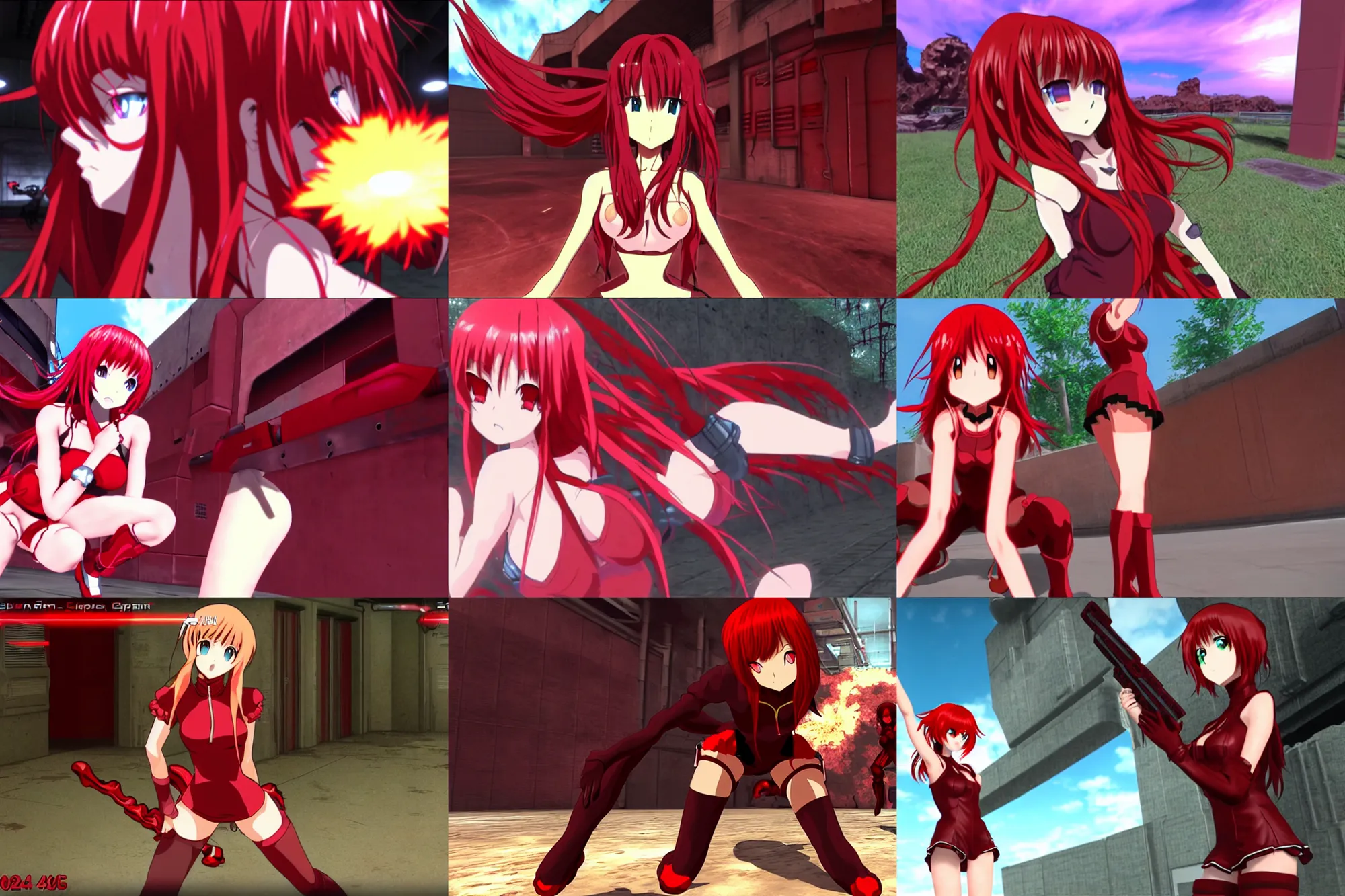 Prompt: an red anime girl in a screenshot of the video game doom, the anime girl is crouching, detailed