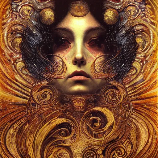 Image similar to Divine Chaos Engine portrait by Karol Bak, Jean Deville, Gustav Klimt, and Vincent Van Gogh, celestial, visionary, sacred, fractal structures, ornate realistic gilded medieval icon, spirals, mystical