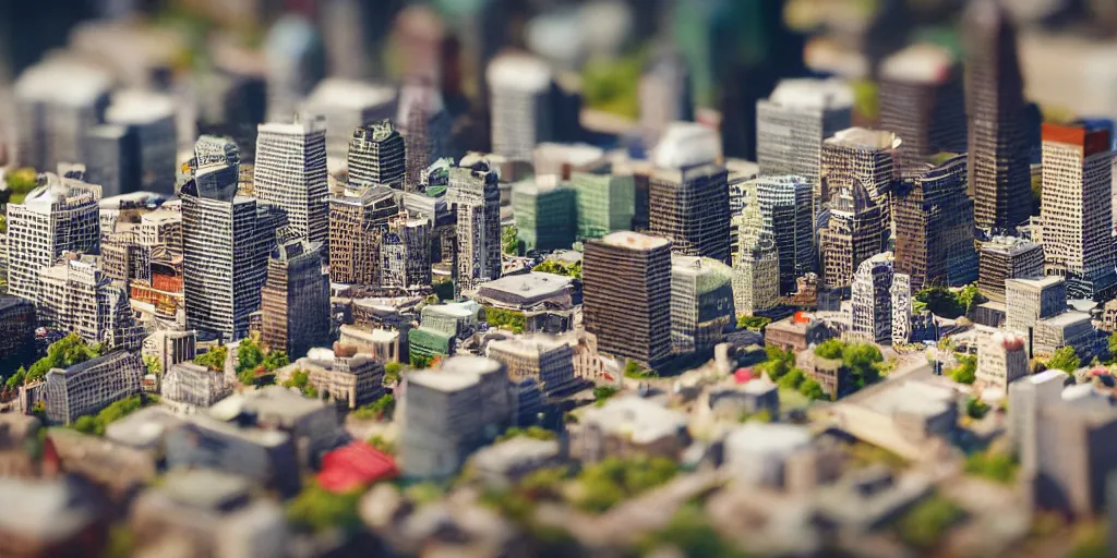 Image similar to a miniature diorama of downtown montreal, macro photography, tilt shift