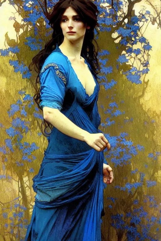 Image similar to A woman wearing blue clothes, fantasy, painting by greg rutkowski and alphonse mucha