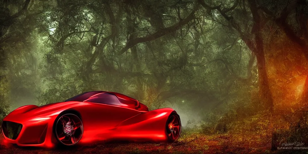 Prompt: magnificent and complex red mechanical steampunk vehicle shaped like a fast sports car with (((glowing))) lights abandoned in lush forest with vines hanging from tree branches, fog, desaturated, beautiful, creepy ambiance, 4k, sharp focus, highly detailed, artgerm, giger