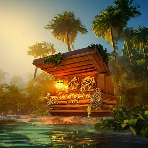 Image similar to a tropical island inside of a treasure chest with ornate details, glow, unreal engine, ultradetailed, trending on artstation, devianart, cgsociety, amazing details