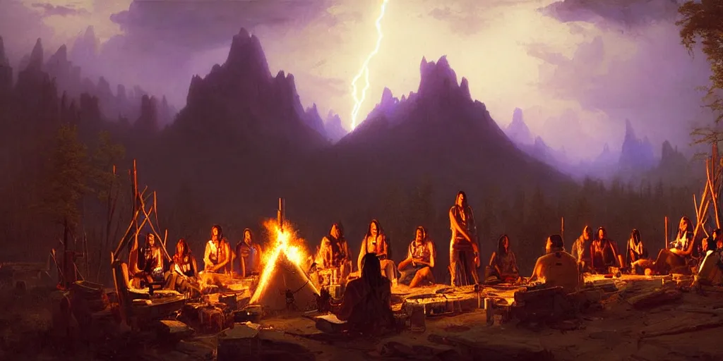 Prompt: a group of some native americans and their cyborgs sitting together at a fire in front of some tipis, beatiful mountain background, cyberpunk, by albert bierstadt, by greg rutkowski, highly detailed, warm lightning, digital painting